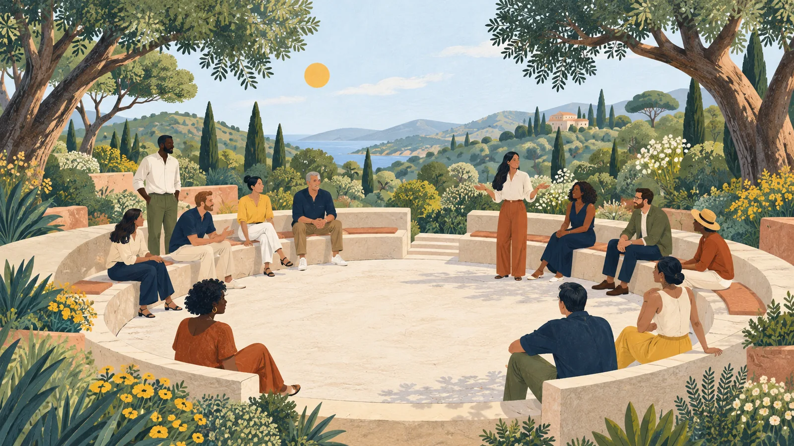 An illustration of people gathering among trees and flowers, sharing ideas in an open-air garden.